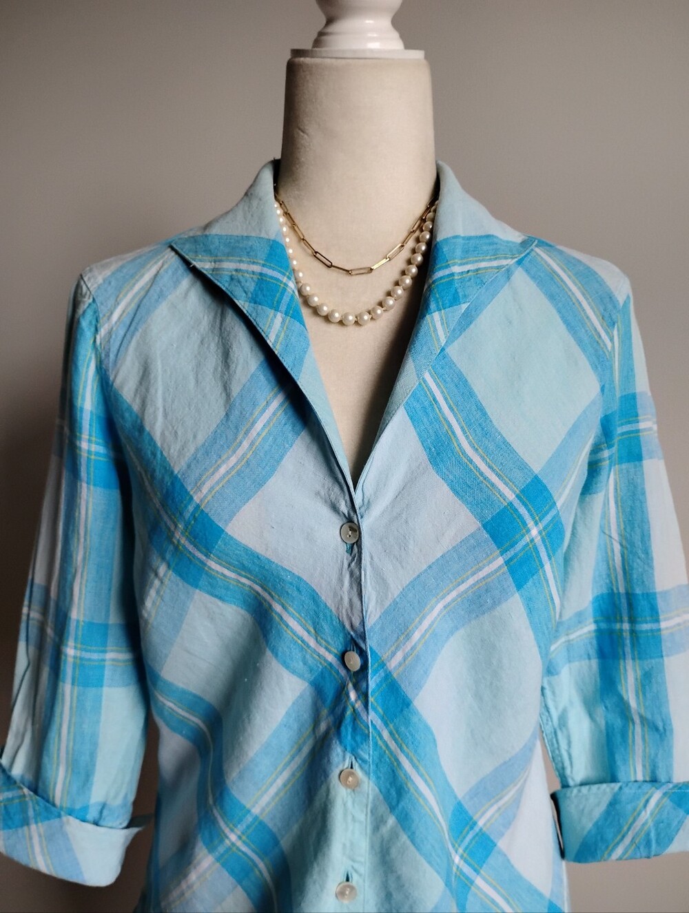 Talbots Vintage 90s Linen Blouse Turquoise Blue Plaid Cottagecore Coastal Size 6
